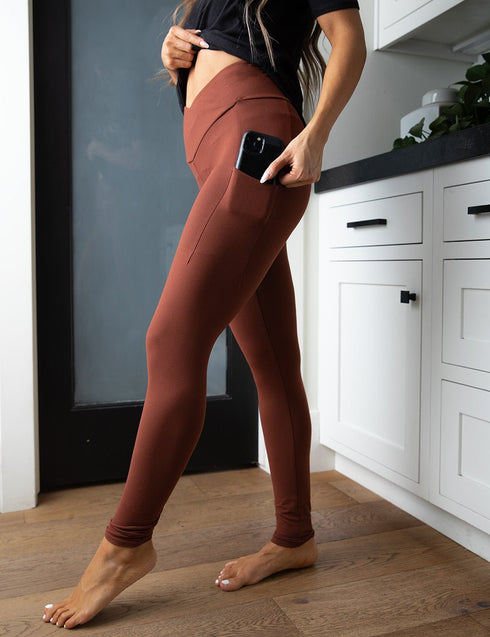 SA Brown Cross Waistband Pocket Leggings