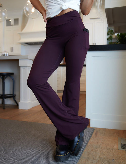 SA Burgundy Cross Waistband Pocket Flare Leggings