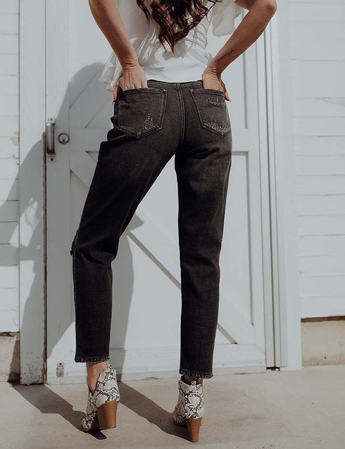 KanCan Black Distressed Mom Jeans